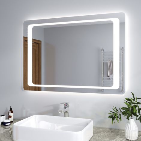 SIRHONA 100x70 cm Specchio da Bagno LED Specchio Bagno Illuminato con Interruttore a Infrarossi e Anti Appannamento Specchio da Parete Moderno Rettangolo Impermeabile IP44 (1/5)