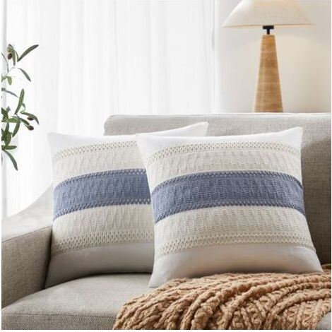 Lot de 2 housses de coussin décoratives style bohème en coton doux, blanc naturel/bleu contrasté, 45 x 45 cm, style ferme bleu, pour canapé-lit (1/5)