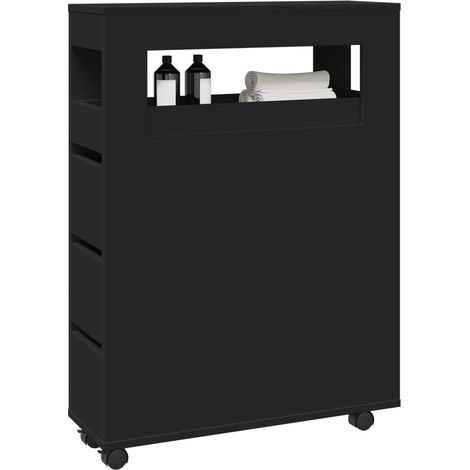 Badschrank Schmal mit Rollen Schwarz Holzwerkstoff