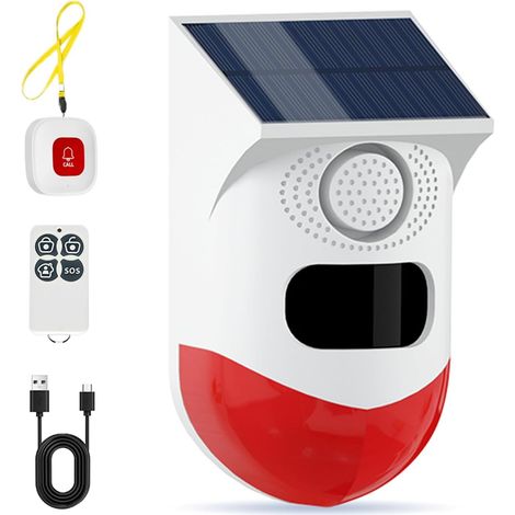 Alarme solaire d'extérieur avec détecteur de mouvement, sirène de sécurité extérieure 120 dB avec lumière clignotante, 3 modes de fonctionnement, étanchéité IP65 pour jardin, cour, ferme, maison (1 (1/5)
