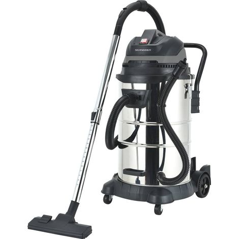 Schneider – Aspirateur professionnel 50L 1200W – Cuve inox basculante – Dépression 17,5 kPa – Débit 60 l/s pour chantiers humides