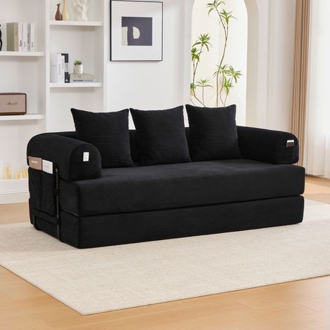 Sofá cama de pana negro con estructura metálica, bolsillo lateral y 3 cojines (1/5)