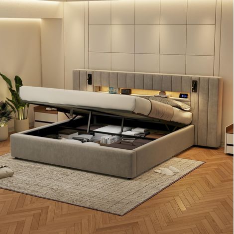 Letto contenitore 180x200 cm, letto matrimoniale con porta USB, illuminazione LED e lampada da comodino, in velluto, grigio, senza materasso e rete a doghe (1/5)