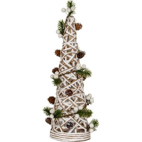 Large White LED Rattan Cone Tree with Winter Branches - Plastic - H42 cm