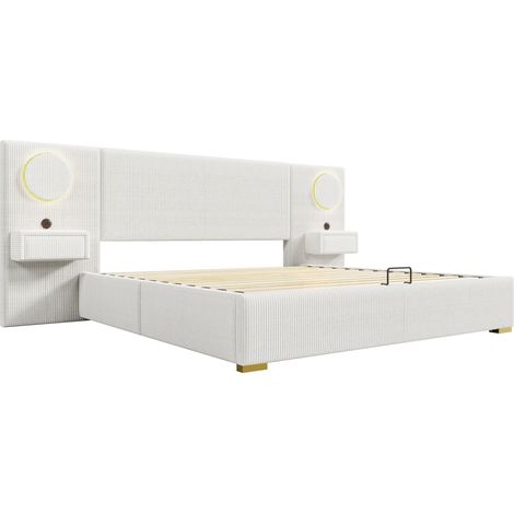 Polsterbett 180x200 cm aus Samt mit LED-Kopfteil, USB-Anschlüssen und hydraulischem Stauraum Beige (1/5)