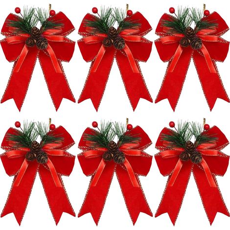 Ribbon Bow - Velvet Hem Christmas Bowknot with Pinecones and Pine Needles - Indoor Outdoor Holiday Tree Decoration - 6 Pieces (1/5)