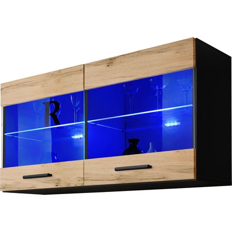 Vitrine murale 100 x 50 x 30 cm – Corps noir mat – Façades wotan mat – 2 étagères en verre – Compatible avec styles modernes et scandinaves