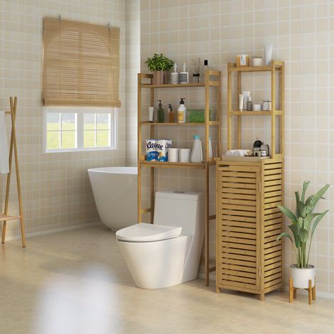 Estantería de baño de bambú color natural 68 cm, mueble sobre inodoro con 3 estantes y sistema antivuelco (1/5)