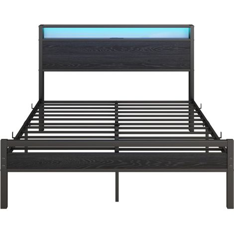 Lit 120x200 cm en métal noir avec LED, USB et rangements en tête de lit, cadre de lit HOMVRA (1/5)