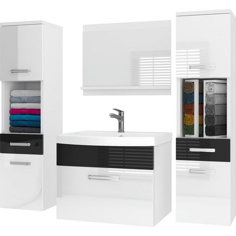 BELINI Badmöbel Set PRI P6 120 cm - Moderner Badschrank mit Waschbecken & Spiegel, Vollausstattung Wandmontage - Weiß/Schwarz Hochglanz (1/5)
