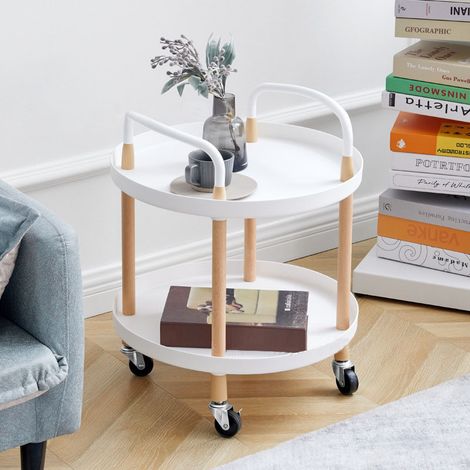 Petit chariot de style nordique, étagère de rangement pour la maison, chariot de sol mobile à roulettes multifonctionnel pour le salon, table basse, blanc, à deux niveaux. (1/5)