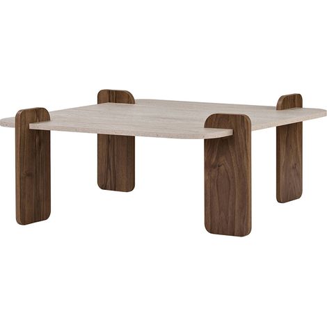 TASI - Table basse carrée effet travertin et noyer 90x90cm