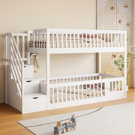 Letto a castello 90/200 cm bianco in legno massello con scala contenitore e zona gioco (1/5)