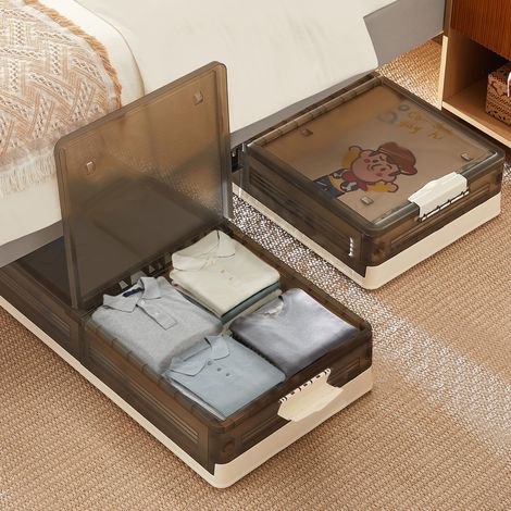 Lot De 2 Boîtes De Rangement Sous Le Lit Avec Roulettes, Empilables, Avec Couvercles, Boîte Pliable En Plastique Pour Vêtements, Chaussures, Gris (1/5)