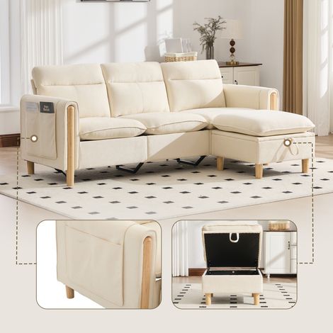 Conjunto de sofá de tres plazas de estilo nórdico con otomana con espacio de almacenamiento, sofá esquinero de tela con bolsillos laterales y patas de mesa de madera. (1/5)