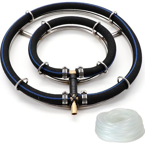 Anneau aérateur 2 en 1 en acier inoxydable 304, diamètre du tube 8 mm, avec tuyau φ9 mm 5 m, pour bassin de jardin, aquarium, culture de poissons (2 boucles/Ø 25 cm) (1/5)