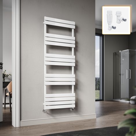 Elegant 1600 x 600mm Heated Towel Rail White Flat Panel Design Tower Hanger, Modern Bathroom Radiator, Wall Mounted Ladder + White Thermostatic Radiator Valves (1/5)