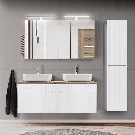 Badmöbel Set in weiß matt mit Vintage Eiche Nb. IRAKLIO-56 Doppel Waschtisch mit 2 Keramik Waschbecken, 2 LED-Spiegelschränke und Hochschrank, B/H/T: ca. 175/200/46 cm (1/5)