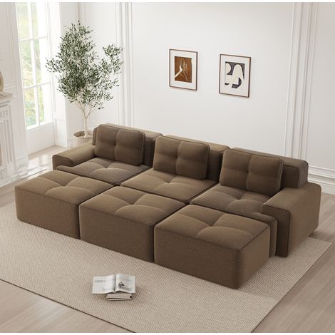 Sofá esquinero modular de terciopelo de canalé marrón, convertible, 3 plazas, con 3 pufs (1/5)