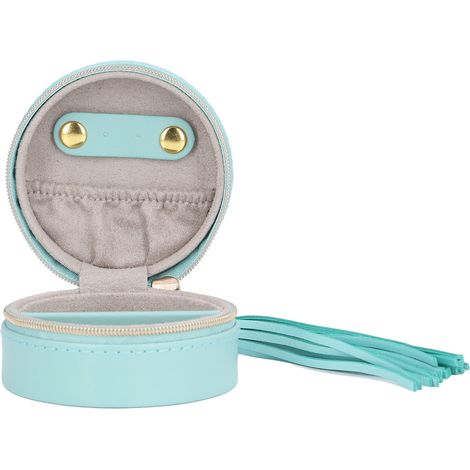 Boîte à bijoux de voyage ronde en simili cuir avec fermeture éclair, étui de rangement portable pour bagues, boucles d'oreilles et colliers. (1/5)
