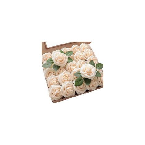 Set mit 25 künstlichen Schaumrosen mit Blättern, dekorative Blumen in Champagnerfarbe (1/5)