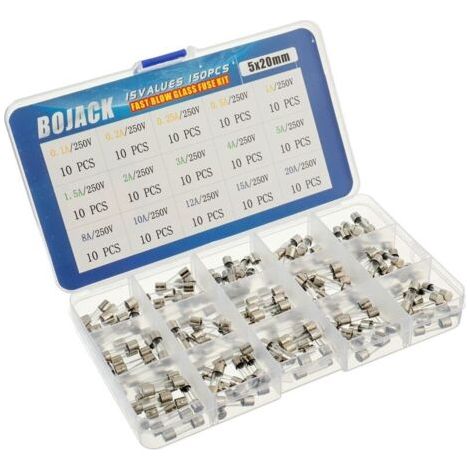 NALOOKAMIC 15 Valeurs Assortiment de fusibles en verre avec raccord rapide 150pcs 5x20mm 250V 0,1 0,2 0,25 0,5 1 1,5 2 3 4 5 8 10 12 15 20A Conditionnement en boite plastique transparente