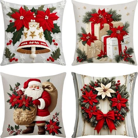 Housses de coussin de Noël, lot de 4, taie d'oreiller à rayures 45 x 45 cm, housse de coussin d'hiver pour canapé, décoration de ferme (Noël) (1/5)