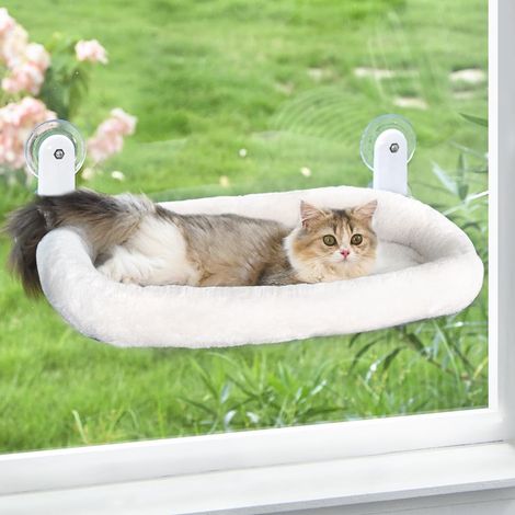 Cat Window Perch, Cordless Cat Hammock Window Seat with Cozy Pad Bed Cover for Indoor Cats, Durable Metal Frame Support Pet Bed with 4 Suction Cups for Large Cats (Cushion Pad Bed - White) (1/5)