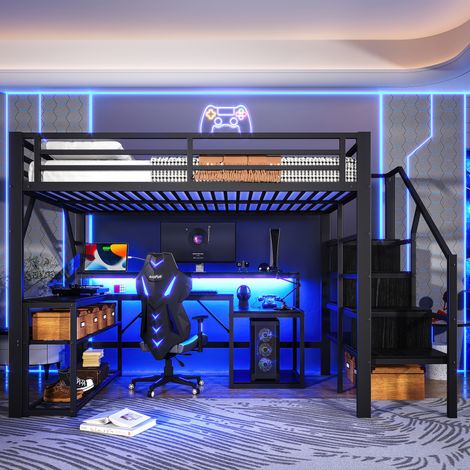 Lit superposé 140x200 cm avec cadre en métal, espace de rangement sous le lit, étagères, conception de l'escalier avec espace de stockage-noir (1/5)