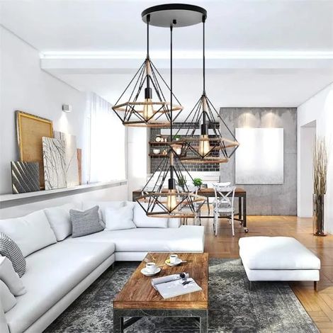E27 Lustre Suspension en Corde de Chanvre,Lampe Plafonnier Cage en Métal Style Edison pour Salon Chambre (1/4)