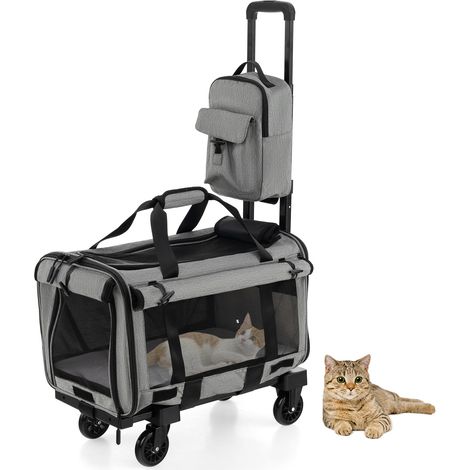 Sac de transport pour chat roulant gris avec coussins double face et roues silencieuses pour voyage, parc et vétérinaire (1/5)