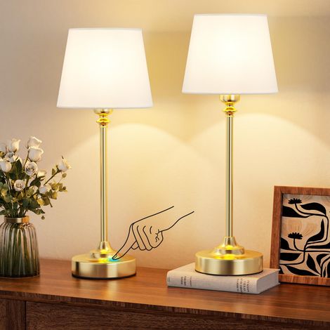 Lot de 2 Lampes de Chevet Tactiles LED Sans Fil Rechargeables, Variateur Continu, Abat-Jour en Lin Blanc, 40cm, pour Chambre, Salon et Cuisine, Laiton (1/5)