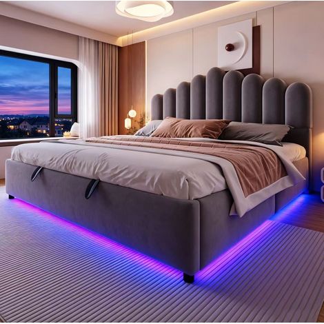 Cama canapé 180x200 cm con arcón hidráulico, LED y terciopelo gris DESVIAE (1/5)