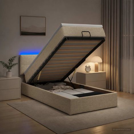 Cama tipo otomana con colchón y LED Crema 90 x 200 cm Tela (1/5)