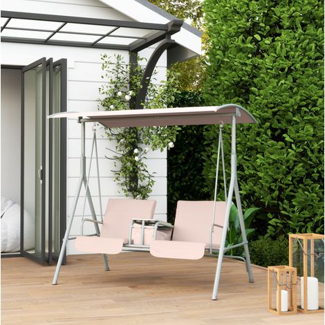 Columpio de jardín de 2 plazas de metal y poliéster beige, con toldo inclinable, portavasos y bolsillo lateral, 175 x 112 x 165 cm (1/5)