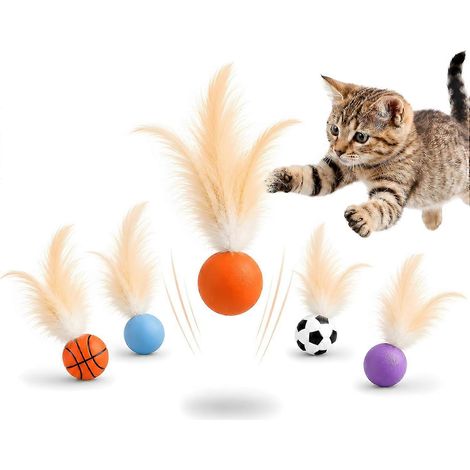 Jouets pour chats Bouncy Tails - Balles rebondissantes plumes, lot de 6 balles interactives silicone résistantes pour chats et chatons d'intérieur (1/5)