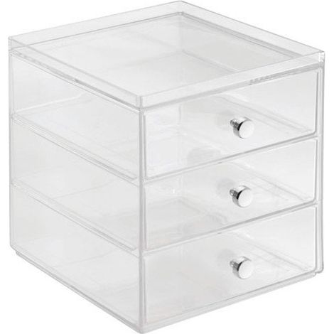 iDesign Porta trucchi con 3 cassetti, Mini cassettiera per make up, cosmetici e gioielli, Organizzatore trucchi impilabile in plastica, trasparente (1/4)