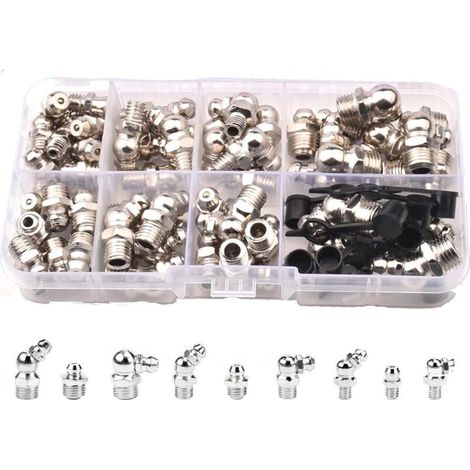 Assortiment de graisseurs - Kit de graisseurs coniques pour presses à graisser - coniques M6 M8 M10 - Raccord de graisse hydraulique droit 45 ° 90 ° 180 ° avec boîte de rangement (1/4)