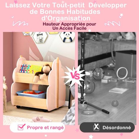 Bibliothèque/unité de rangement en bois pour enfants 2 niveaux avec roues universelles pour livres et jouets, charge max 49 kg - rose (1/5)