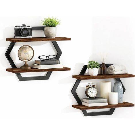 Lot de 2 étagères murales en bois et métal - Étagère flottante en chêne - Pour salon, cuisine, chambre à coucher, bureau - Marron rétro noir (marron-noir1) (1/5)