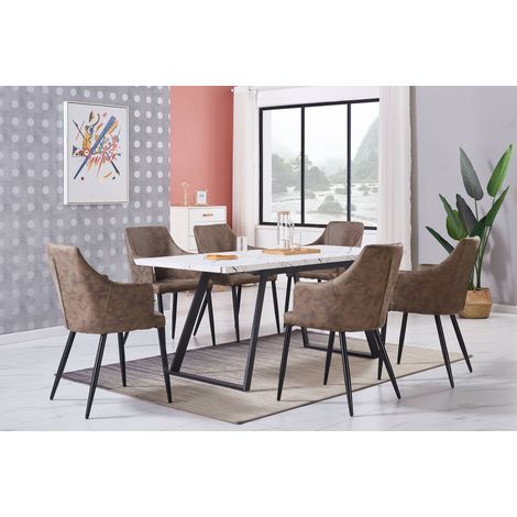 Toga LUX Zarah Dining Set - un tavolo da pranzo bianco estensibile e un set di 6 sedie da pranzo in pelle marrone chiaro - Sala da pranzo Cucina (1/5)