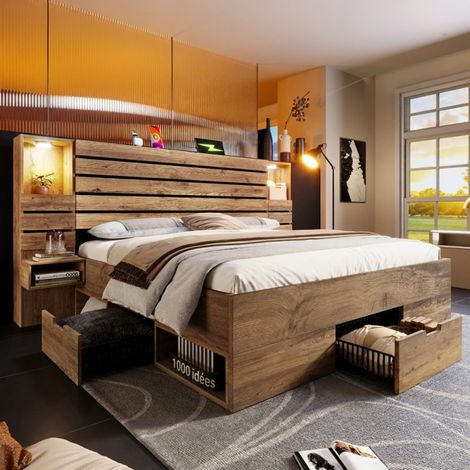 Lit 180x200 cm chêne avec LED, USB-C, chevets suspendus et tiroirs