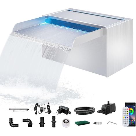LONGRUN Cascade d'eau pour Bassin de 23 cm, en Acier Inoxydable 304, avec Pompe à Eau 7 Résistant à la rouille Couleurs Bluetooth LED, Fontaine de Jardin (1/5)