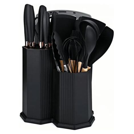 Ensemble de 19 Ustensiles de Cuisine avec 5 Couteaux Planche à Découper et Boîte de Rangement en Forme de Losange – Accessoires en Silicone Noir Résistants à la Chaleur