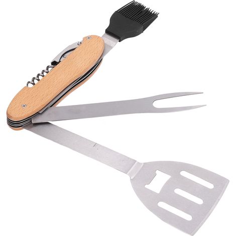 Ensemble d'ustensiles de barbecue 5 en 1 multifonctions, pliables et portables : spatule, brosse, fourchette, ouvre-bouteille, acier inoxydable. (1/5)