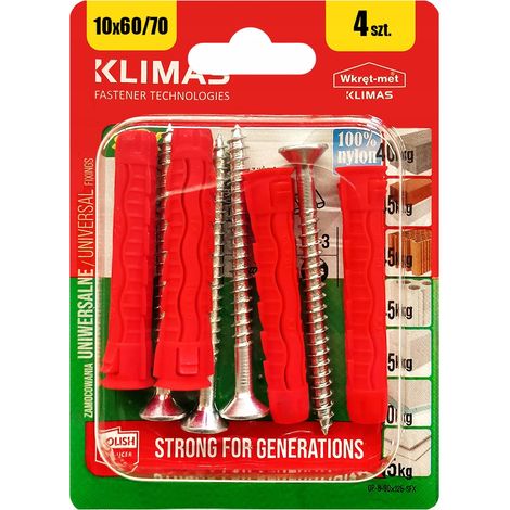 Chevilles Universelles Klimas 10 x 70 Avec Tete Fraisee PZ3, Blister De 4