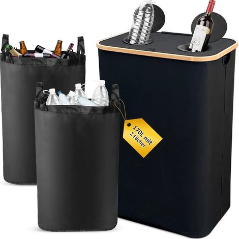 110L Collecteur de Bouteilles Avec Couvercle, 2 Compartiments Poubelle Recyclage, 2 Réutilisables Sac Recyclage, Poubelle Tri Selectif Pour Plastique, Bouteilles Verre,noir