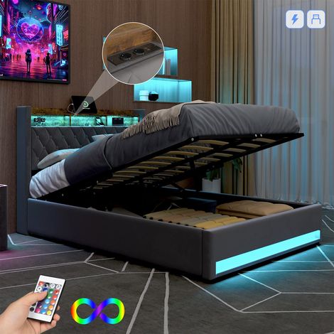 Lit coffre adulte 140x190cm avec sommier - LED et port USB de recharge - velours gris - Sans matelas (1/5)