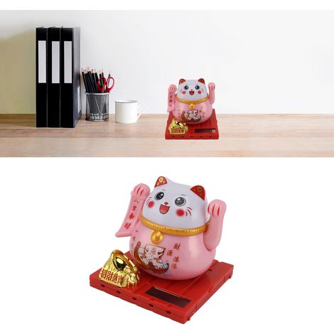 Chat porte-bonheur solaire de bureau avec panneau solaire, capteur de lumière, figurine de chat aux grands yeux, rose, grande taille (1/5)