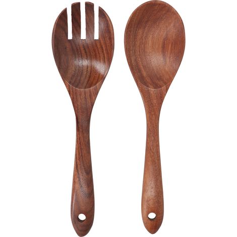 Cuillère et fourchette en bois d'acacia, lot de 2, pour salade, mélange et service, ustensiles de cuisine (1/5)